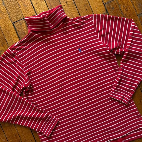Vintage 80s Polo by Ralph Lauren Women's Red White Striped Turtle Neck Sweater‎ - Picture 2 of 6